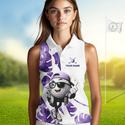 Funny Golf Ball Tropical Pattern Custom Womens Sleeveless Golf Polo Shirts, Golfing Gifts|Purple NBT710