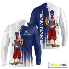 Load image into Gallery viewer, Front and back view of funny colorful rooster American Flag mens long sleeve golf polo shirt with personalized name