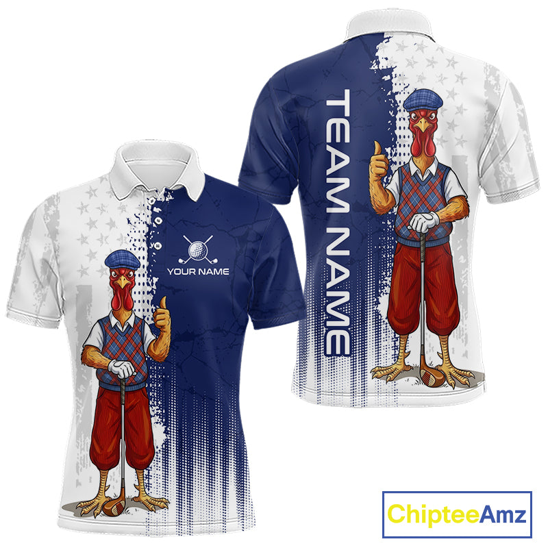 Front and back view of funny colorful rooster American Flag mens golf polo shirt with personalized name