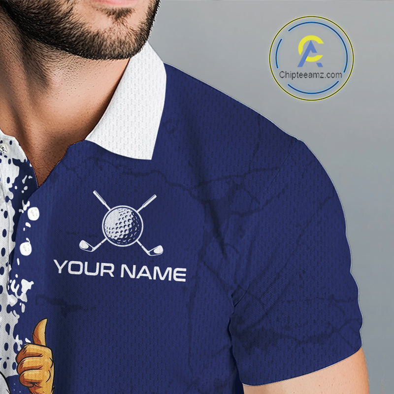 Close-up of colorful rooster and American Flag graphic on mens golf polo