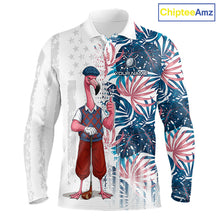 Load image into Gallery viewer, Front view of funny colorful rooster American Flag mens long sleeve golf polo shirt
