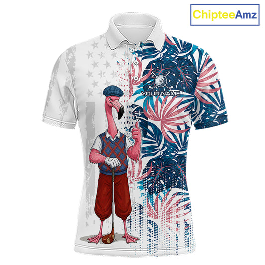 Front view of funny tropical flamingo American Flag mens golf polo shirt