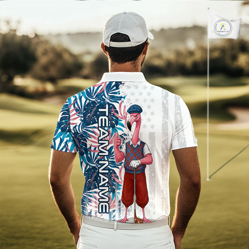 Man wearing a colorful golf shirt with flamingo design on a golf course, custom "team name" on the back