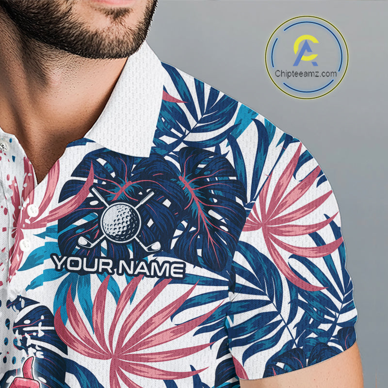 Close-up of tropical flamingo and American Flag graphic on mens golf polo