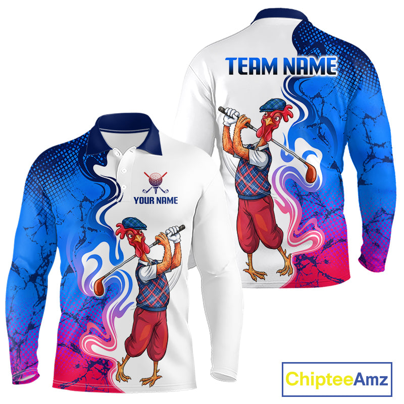 Funny Rooster Camouflage Long Sleeve Golf Polo Shirt Men Front and back View Custom Name