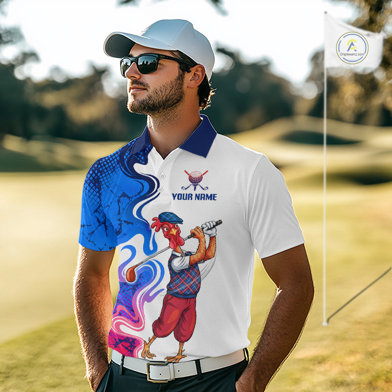Man wearing Funny Rooster Camouflage Golf Polo Shirt Men on Golf Course Custom Name