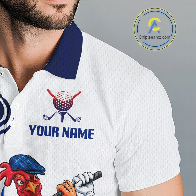 Close up of Funny Rooster Custom Name Camouflage Golf Polo Shirt For Men with your name on the chest