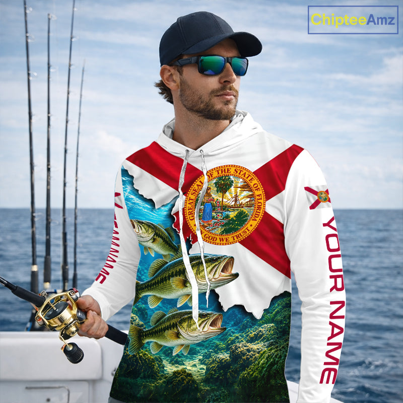 Florida Flag Largemouth Bass Blue Camo Custom Performance Long Sleeve Hooded Fishing Shirts NBT1148