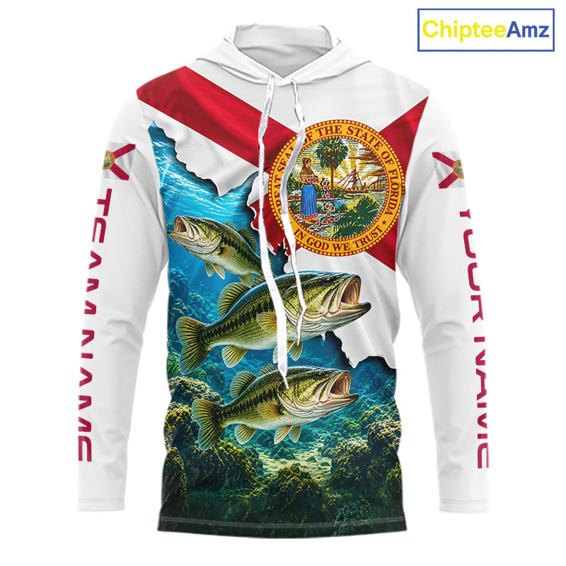 Florida Flag Largemouth Bass Blue Camo Custom Performance Long Sleeve Hooded Fishing Shirts NBT1148