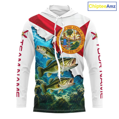 Florida Flag Largemouth Bass Blue Camo Custom Performance Long Sleeve Hooded Fishing Shirts NBT1148