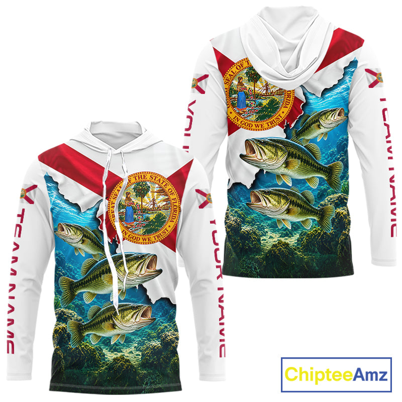 Florida Flag Largemouth Bass Blue Camo Custom Performance Long Sleeve Hooded Fishing Shirts NBT1148