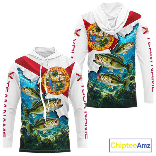 Florida Flag Largemouth Bass Blue Camo Custom Performance Long Sleeve Hooded Fishing Shirts NBT1148