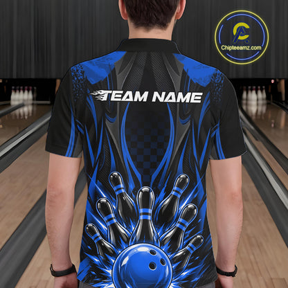 Personalized Blue Bowling Shirts Custom Bowling Team Jersey Polo 1/4 Quarter-Zip Bowling Shirts NBT1149