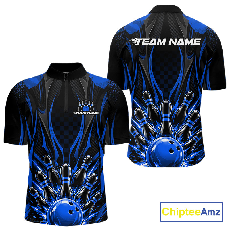 Personalized Blue Bowling Shirts Custom Bowling Team Jersey Polo 1/4 Quarter-Zip Bowling Shirts NBT1149
