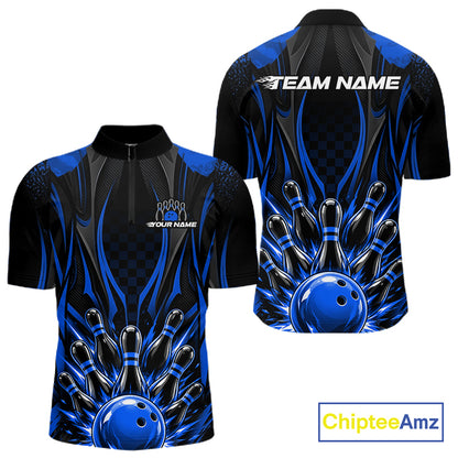 Personalized Blue Bowling Shirts Custom Bowling Team Jersey Polo 1/4 Quarter-Zip Bowling Shirts NBT1149