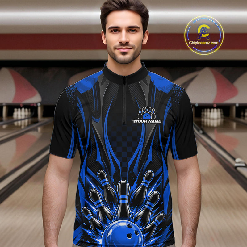 Personalized Blue Bowling Shirts Custom Bowling Team Jersey Polo 1/4 Quarter-Zip Bowling Shirts NBT1149