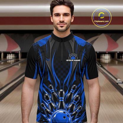 Personalized Blue Bowling Shirts Custom Bowling Team Jersey Polo 1/4 Quarter-Zip Bowling Shirts NBT1149