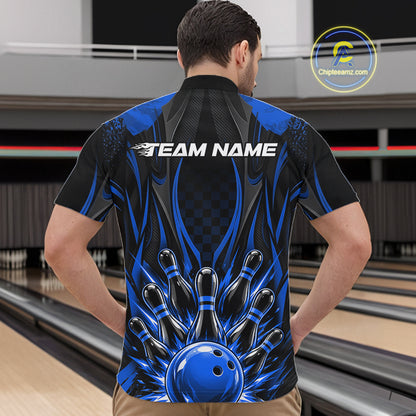 Personalized Blue Bowling Shirts Custom Bowling Team Jersey Polo 1/4 Quarter-Zip Bowling Shirts NBT1149