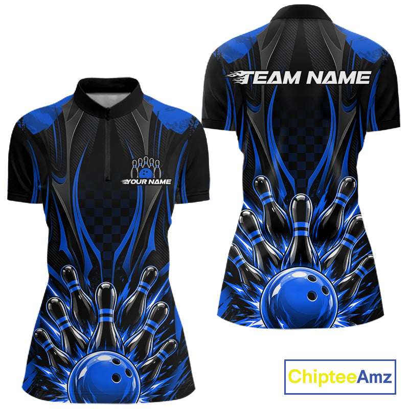 Personalized Blue Bowling Shirts Custom Bowling Team Jersey Polo 1/4 Quarter-Zip Bowling Shirts NBT1149