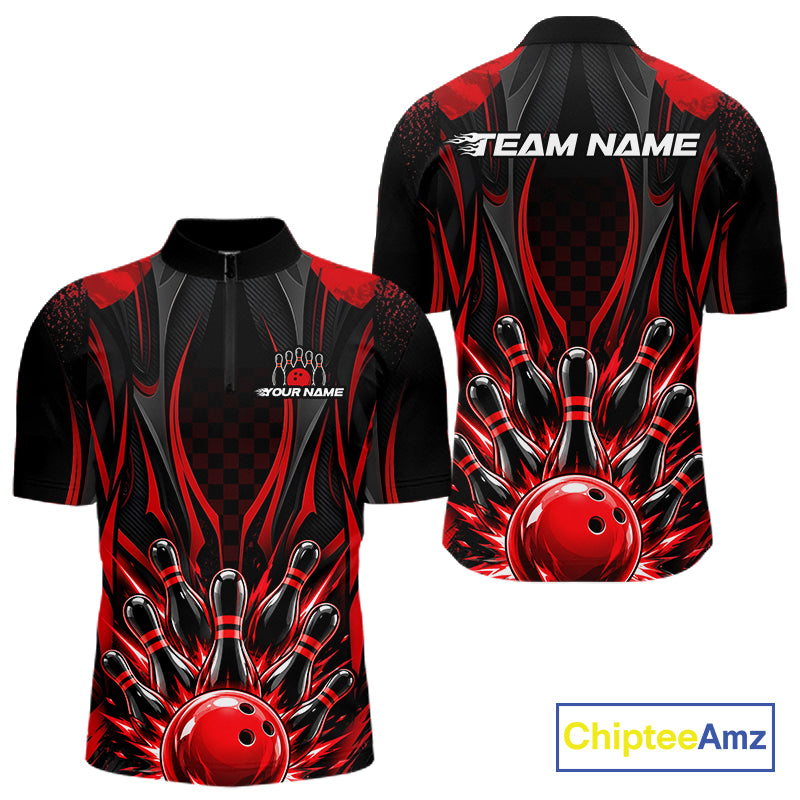 Personalized Red Bowling Shirts Custom Bowling Team Jersey Polo 1/4 Quarter-Zip Bowling Shirts NBT1150