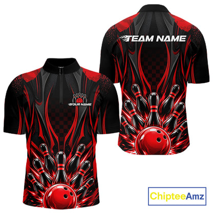 Personalized Red Bowling Shirts Custom Bowling Team Jersey Polo 1/4 Quarter-Zip Bowling Shirts NBT1150