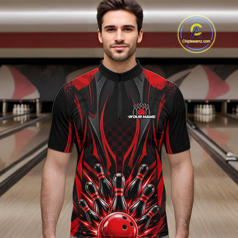 Personalized Red Bowling Shirts Custom Bowling Team Jersey Polo 1/4 Quarter-Zip Bowling Shirts NBT1150