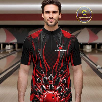 Personalized Red Bowling Shirts Custom Bowling Team Jersey Polo 1/4 Quarter-Zip Bowling Shirts NBT1150