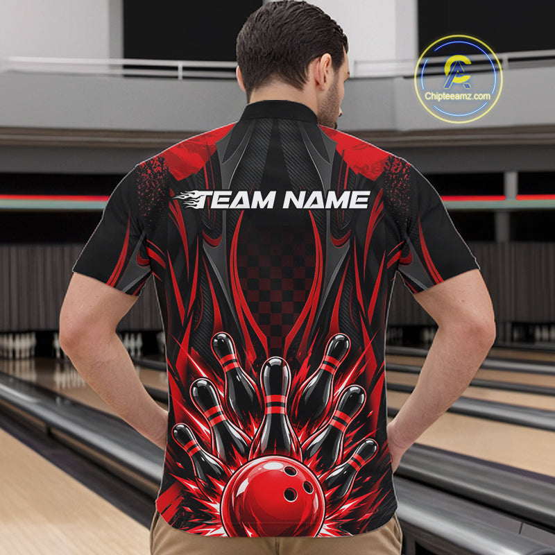 Personalized Red Bowling Shirts Custom Bowling Team Jersey Polo 1/4 Quarter-Zip Bowling Shirts NBT1150