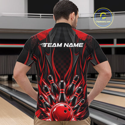 Personalized Red Bowling Shirts Custom Bowling Team Jersey Polo 1/4 Quarter-Zip Bowling Shirts NBT1150