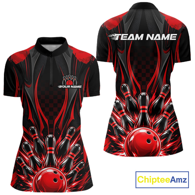 Personalized Red Bowling Shirts Custom Bowling Team Jersey Polo 1/4 Quarter-Zip Bowling Shirts NBT1150