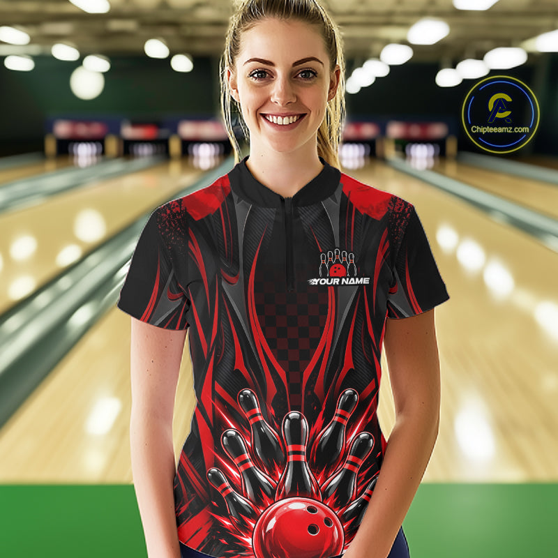 Personalized Red Bowling Shirts Custom Bowling Team Jersey Polo 1/4 Quarter-Zip Bowling Shirts NBT1150