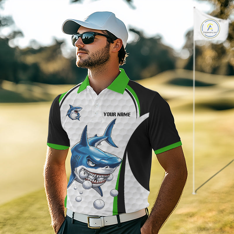 Man wearing Green White Shark Pattern Mens Golf Polo Shirt Front View with Personalized Name on the chest