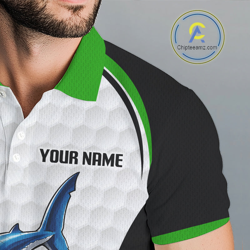 Green White Shark Pattern Mens Golf Polo Shirt Detail View Funny Shark Design