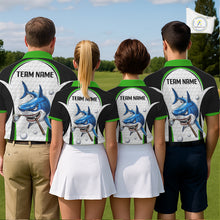 Load image into Gallery viewer, Team wearing Green White Shark Pattern Mens Golf Polo Shirt Custom Team Name on the back