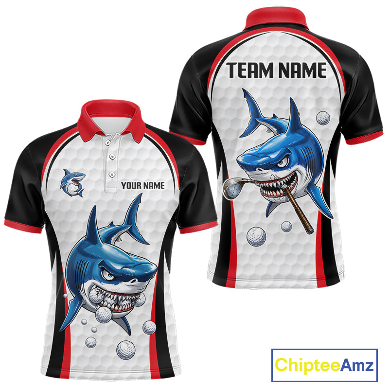 Red White Shark Pattern Mens Golf Polo Shirt Front and Back View Custom Name Custom Team Name