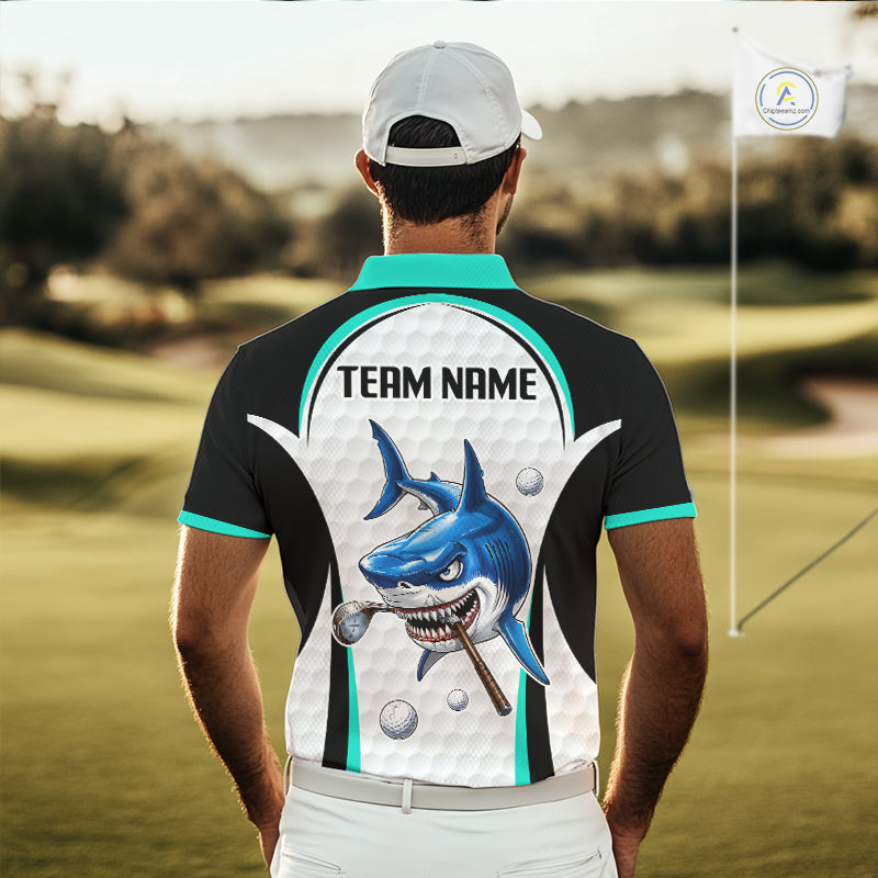 Man wearing Turquoise White Shark Pattern Mens Golf Polo Shirt Back View with custom team name on the back