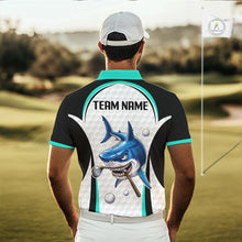 Load image into Gallery viewer, Man wearing Turquoise White Shark Pattern Mens Golf Polo Shirt Back View with custom team name on the back