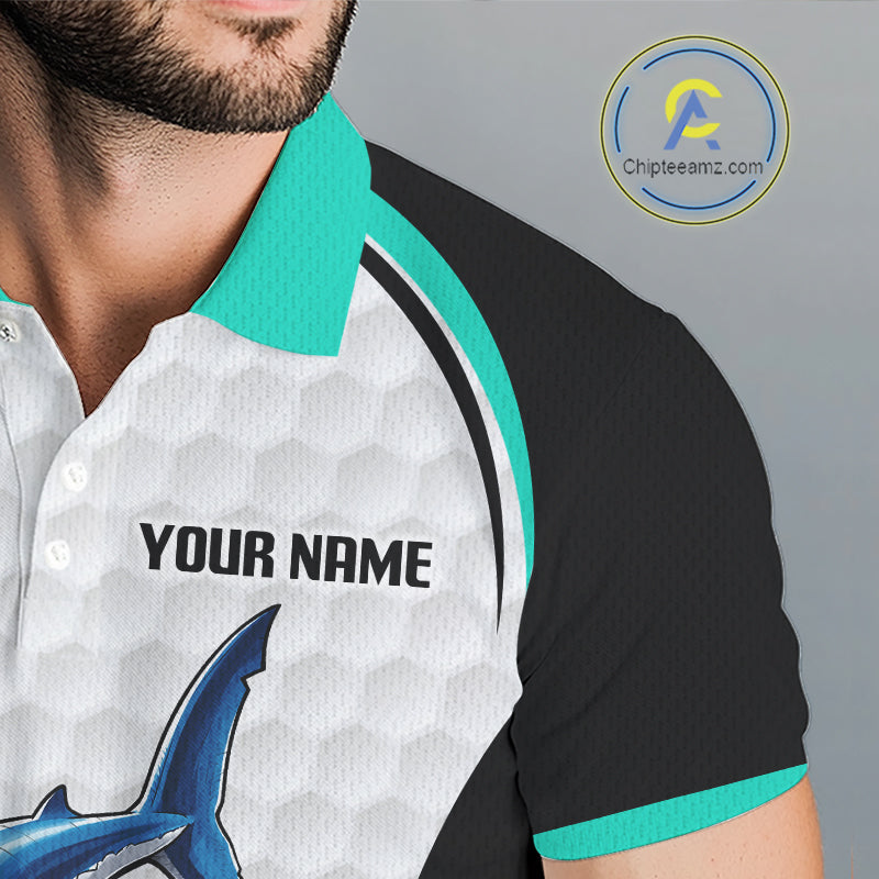 Turquoise White Shark Pattern Mens Golf Polo Shirt Detail View Funny Shark Design