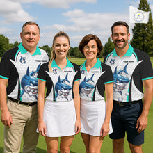 Load image into Gallery viewer, Team wearing Turquoise White Shark Pattern Mens Golf Polo Shirt Custom Name and Team Name