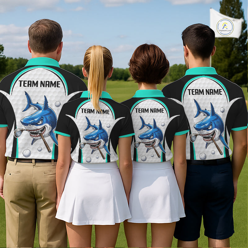 Team wearing Turquoise White Shark Pattern Mens Golf Polo Shirt Custom Team Name on the back