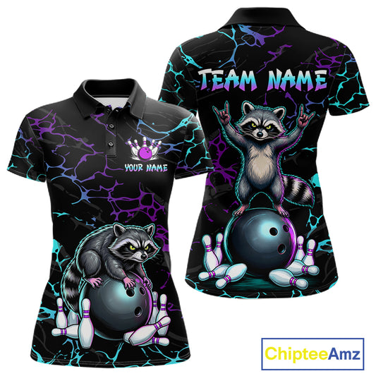 Neon Blue Purple Funny Raccoon Bowling Team Shirt Customized Bowling League Polo & 1/4 Zip Gift For Women NBT893