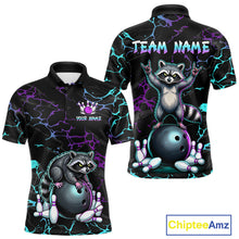 Load image into Gallery viewer, Neon Blue Purple Funny Raccoon Bowling Team Shirt Customized Bowling League Polo &amp; 1/4 Zip Gift For Men NBT893