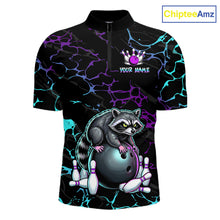 Load image into Gallery viewer, Neon Blue Purple Funny Raccoon Bowling Team Shirt Customized Bowling League Polo &amp; 1/4 Zip Gift For Men NBT893