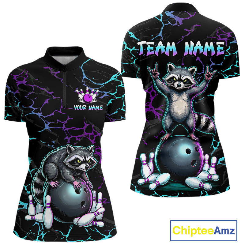 Neon Blue Purple Funny Raccoon Bowling Team Shirt Customized Bowling League Polo & 1/4 Zip Gift For Women NBT893
