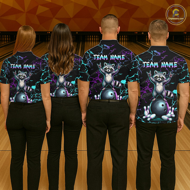 Neon Blue Purple Funny Raccoon Bowling Team Shirt Customized Bowling League Polo & 1/4 Zip Gift For Women NBT893