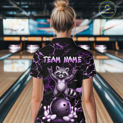 Purple Funny Raccoon Bowling Team Shirt Customized Bowling League Polo & 1/4 Zip Gift For Women NBT894
