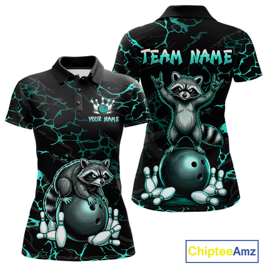 Turquoise Funny Raccoon Bowling Team Shirt Customized Bowling League Polo & 1/4 Zip Gift For Women NBT895