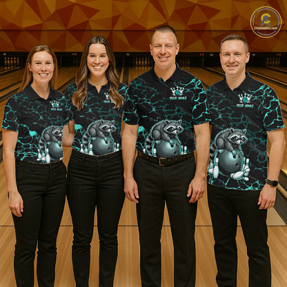 Turquoise Funny Raccoon Bowling Team Shirt Customized Bowling League Polo & 1/4 Zip Gift For Men NBT895