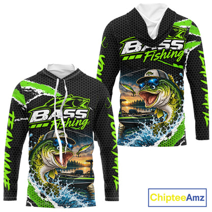 Personalized Green Funny Bass Fishing Sport Jerseys, Bass Fishing Long Sleeve Hooded Tournament Shirts NBT1157