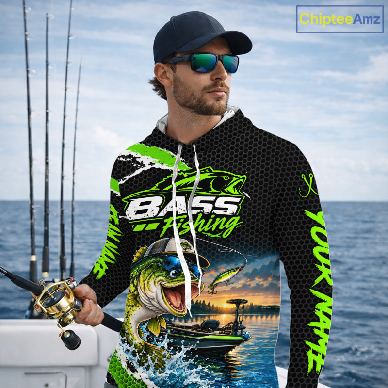 Personalized Green Funny Bass Fishing Sport Jerseys, Bass Fishing Long Sleeve Hooded Tournament Shirts NBT1157